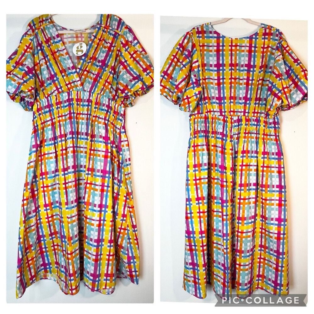 Plaid Midi Dress Colorful Stretch Smocked Waist Pink Yellow Blue NWT Sz 3X - Picture 2 of 16